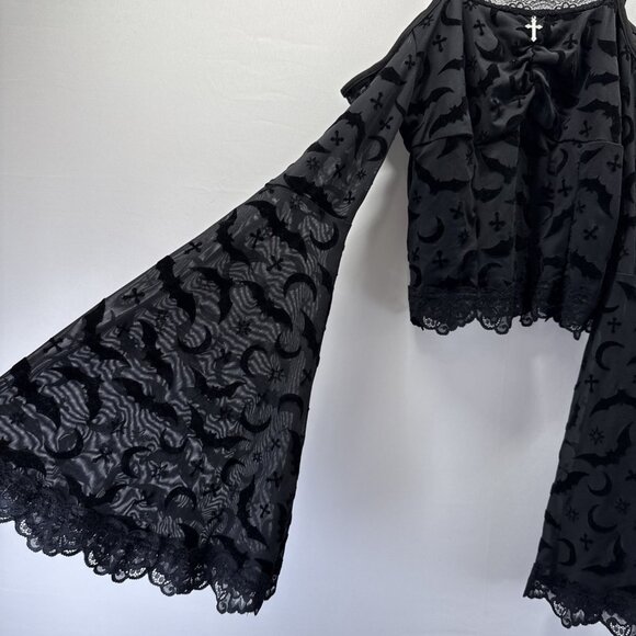 ROMWE Women's Top S Black Velvet Burnout Whimsigoth Whitchy Gothic Bell Sleeves - Picture 2 of 9